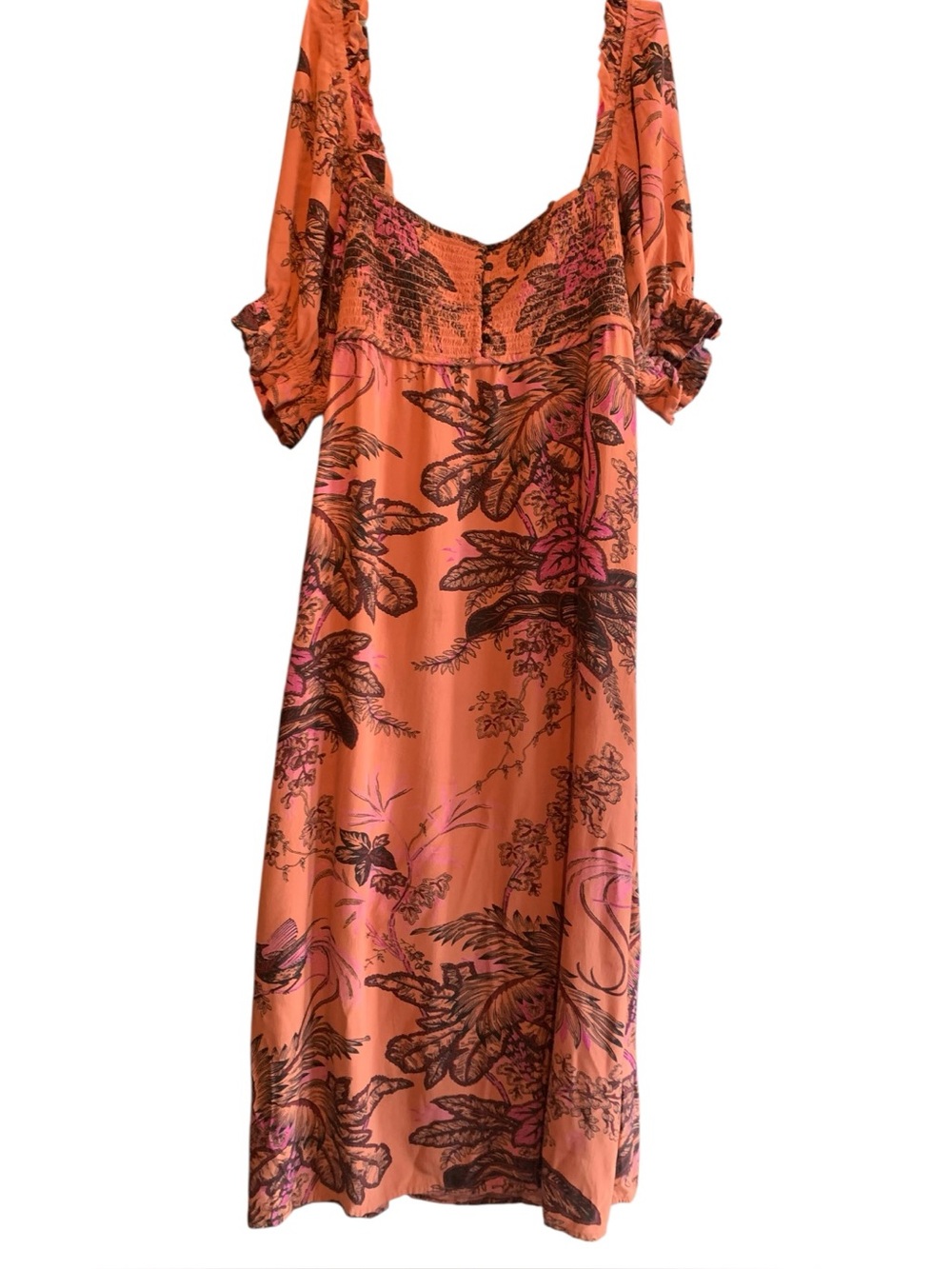 Anthropologie Peach Coral Plum Tropical Bird Maxi Dress Natural Life Boho - Picture 3 of 11